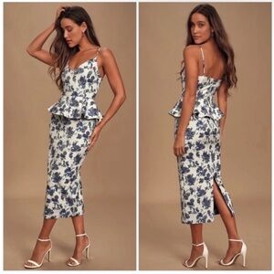 NWT En Saison A Sight To See Navy Blue Floral Jacquard Peplum Ruffle Midi Dress
